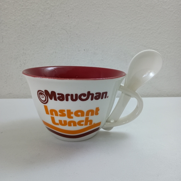 Maruchan Ceramic Ramen Noodle Soup Mug With Spoon Set NIB White Burgundy Rare - Picture 5 of 8